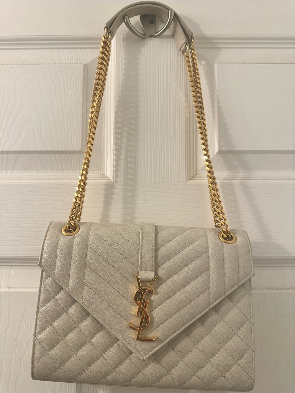 Saint Laurent Cream Quilted Leather Shoulder Bag with Gold Hardware